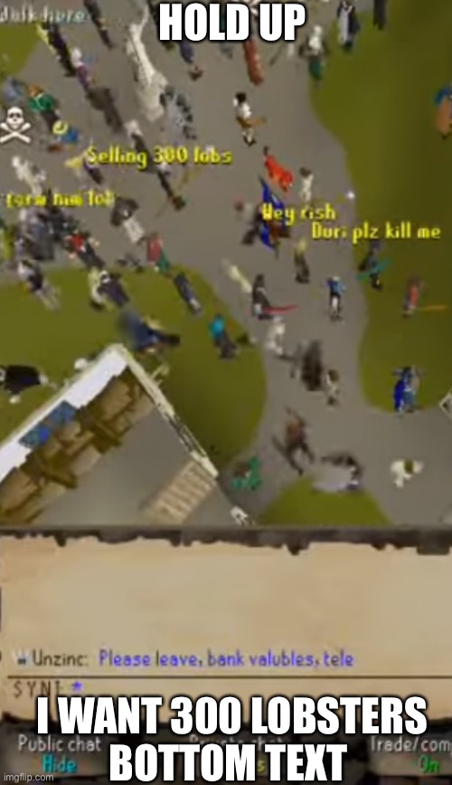 HOLD UP; I WANT 300 LOBSTERS


BOTTOM TEXT | made w/ Imgflip meme maker