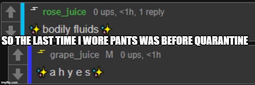 i hate pants | SO THE LAST TIME I WORE PANTS WAS BEFORE QUARANTINE | image tagged in bodily fluids | made w/ Imgflip meme maker