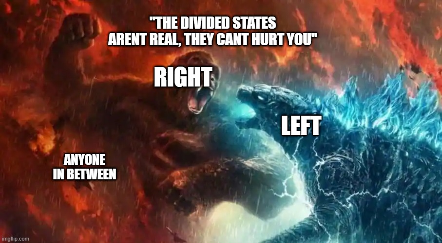 Bruh why this now |  "THE DIVIDED STATES ARENT REAL, THEY CANT HURT YOU"; RIGHT; LEFT; ANYONE IN BETWEEN | image tagged in divided states of america,american politics | made w/ Imgflip meme maker