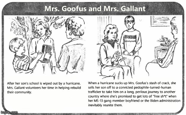 Mrs. Goofus and Mrs. Gallant | image tagged in mrs goofus and mrs gallant,goofus and gallant,biden border policies,human trafficking,border crisis,parody | made w/ Imgflip meme maker