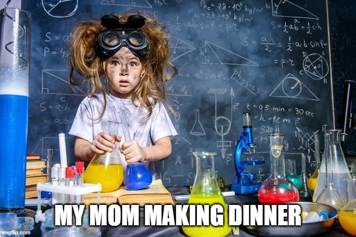 Dinner | MY MOM MAKING DINNER | image tagged in mom,dinner,experiment | made w/ Imgflip meme maker