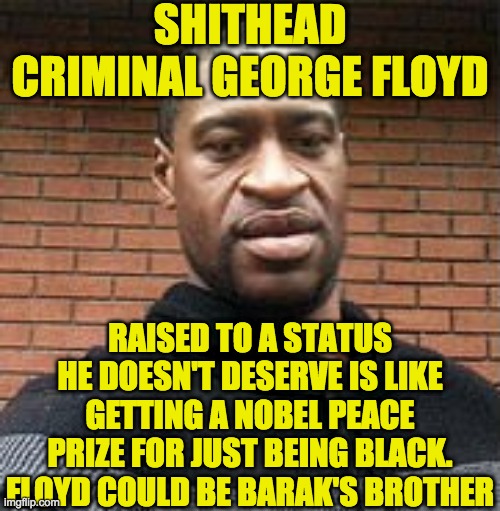 Fentanyl Floyd died as he deserved, OD from multiple drugs. Don't feel sorry for a twat that once held a pistol to a pregnant wo | SHITHEAD CRIMINAL GEORGE FLOYD; RAISED TO A STATUS HE DOESN'T DESERVE IS LIKE GETTING A NOBEL PEACE PRIZE FOR JUST BEING BLACK.
FLOYD COULD BE BARAK'S BROTHER | image tagged in george floyd | made w/ Imgflip meme maker