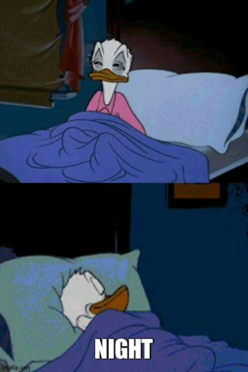 Tired | NIGHT | image tagged in sleepy donald duck in bed,sleep | made w/ Imgflip meme maker