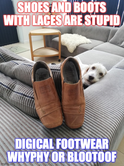 Ulf behind shoes | SHOES AND BOOTS WITH LACES ARE STUPID; DIGICAL FOOTWEAR
WHYPHY OR BLOOTOOF | image tagged in ulf behind shoes | made w/ Imgflip meme maker