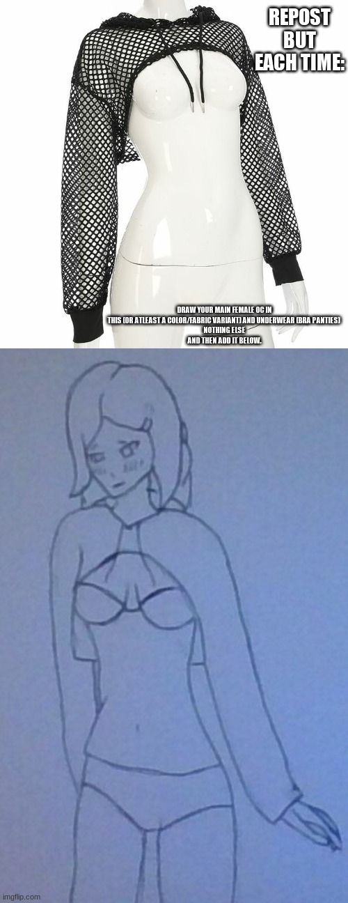 sorry for the lazy... if this gets 5 repost I'll update it with color for you guys | REPOST BUT EACH TIME:; DRAW YOUR MAIN FEMALE OC IN THIS (OR ATLEAST A COLOR/FABRIC VARIANT) AND UNDERWEAR (BRA PANTIES) 
NOTHING ELSE
AND THEN ADD IT BELOW. | made w/ Imgflip meme maker