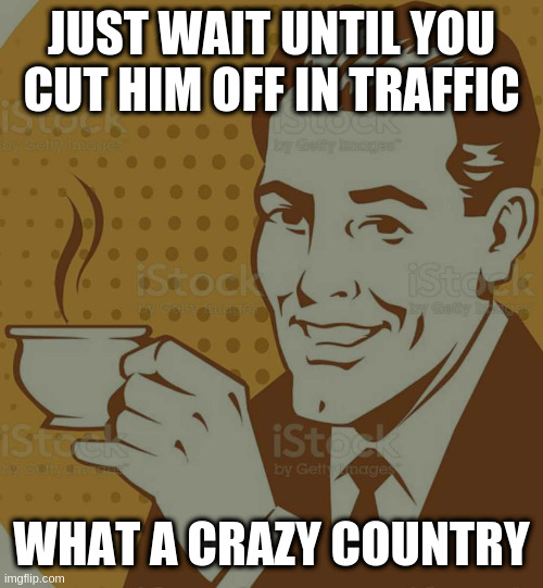 Mug Approval | JUST WAIT UNTIL YOU CUT HIM OFF IN TRAFFIC; WHAT A CRAZY COUNTRY | image tagged in mug approval | made w/ Imgflip meme maker