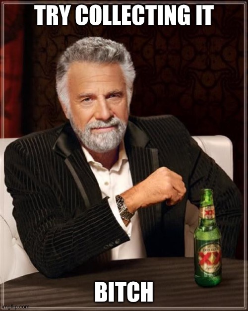 The Most Interesting Man In The World Meme | TRY COLLECTING IT BITCH | image tagged in memes,the most interesting man in the world | made w/ Imgflip meme maker