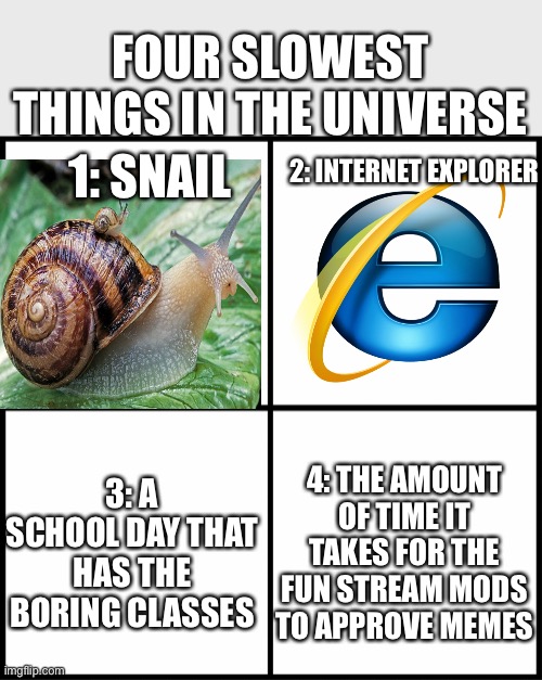 It takes them six hours until it’s approved | FOUR SLOWEST THINGS IN THE UNIVERSE; 1: SNAIL; 2: INTERNET EXPLORER; 3: A SCHOOL DAY THAT HAS THE BORING CLASSES; 4: THE AMOUNT OF TIME IT TAKES FOR THE FUN STREAM MODS TO APPROVE MEMES | image tagged in blank drake format | made w/ Imgflip meme maker