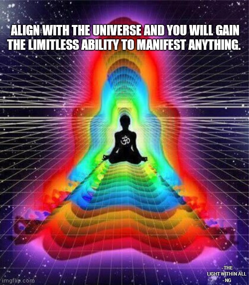 ALIGN WITH THE UNIVERSE AND YOU WILL GAIN THE LIMITLESS ABILITY TO MANIFEST ANYTHING. - THE LIGHT WITHIN ALL 
- NG | made w/ Imgflip meme maker