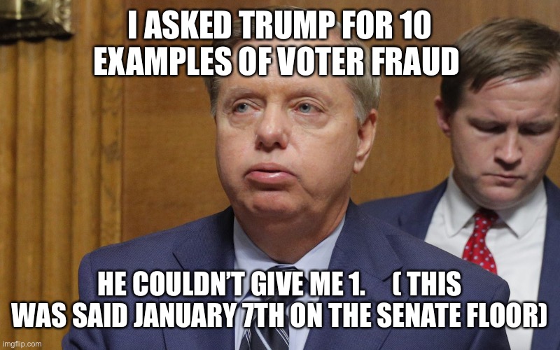 lindsey graham | I ASKED TRUMP FOR 10 EXAMPLES OF VOTER FRAUD; HE COULDN’T GIVE ME 1.     ( THIS WAS SAID JANUARY 7TH ON THE SENATE FLOOR) | image tagged in lindsey graham | made w/ Imgflip meme maker