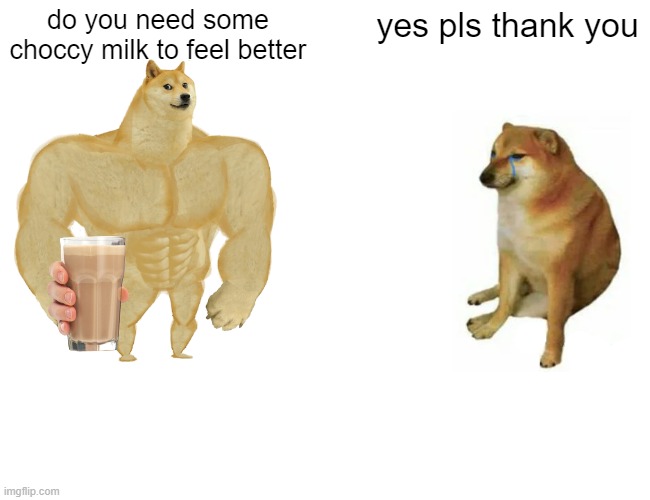 he felt better | do you need some choccy milk to feel better; yes pls thank you | image tagged in memes,buff doge vs cheems | made w/ Imgflip meme maker