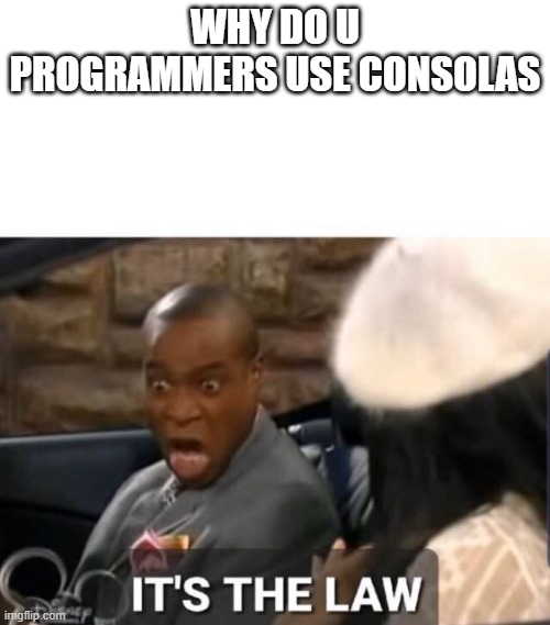 It's The Law | WHY DO U PROGRAMMERS USE CONSOLAS | image tagged in it's the law | made w/ Imgflip meme maker