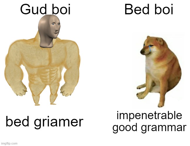 bed griamer gud boi | Gud boi; Bed boi; bed griamer; impenetrable good grammar | image tagged in memes,buff doge vs cheems | made w/ Imgflip meme maker