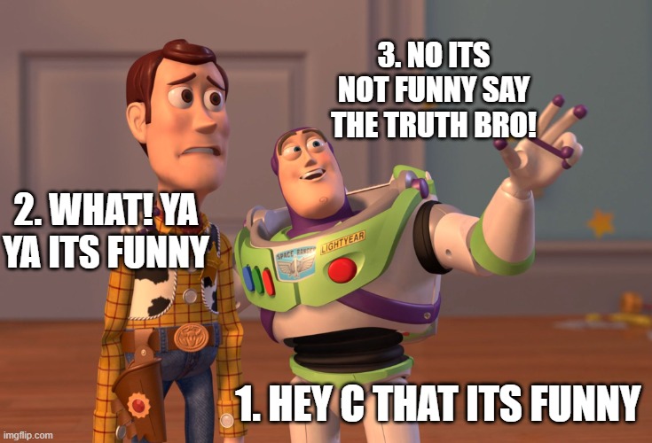 X, X Everywhere | 3. NO ITS NOT FUNNY SAY THE TRUTH BRO! 2. WHAT! YA YA ITS FUNNY; 1. HEY C THAT ITS FUNNY | image tagged in memes,x x everywhere | made w/ Imgflip meme maker