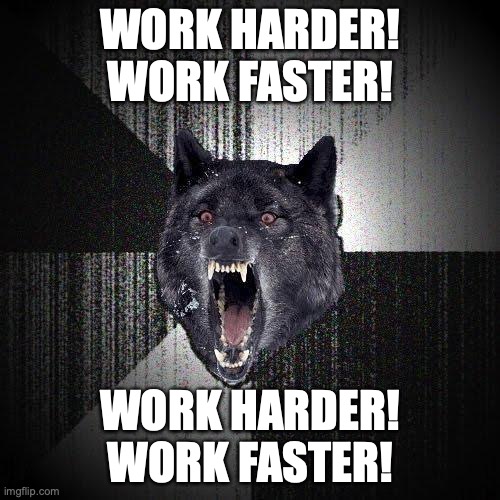 Insanity Wolf Meme | WORK HARDER!
WORK FASTER! WORK HARDER!
WORK FASTER! | image tagged in memes,insanity wolf | made w/ Imgflip meme maker