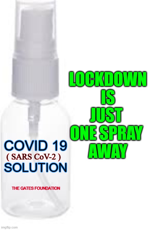 Covid 19 Spray Solution |  LOCKDOWN 
IS JUST 
ONE SPRAY 
AWAY; COVID 19; SOLUTION; ( SARS CoV-2 ); THE GATES FOUNDATION | image tagged in covid,covid19,covid-19,lockdown,big pharma | made w/ Imgflip meme maker