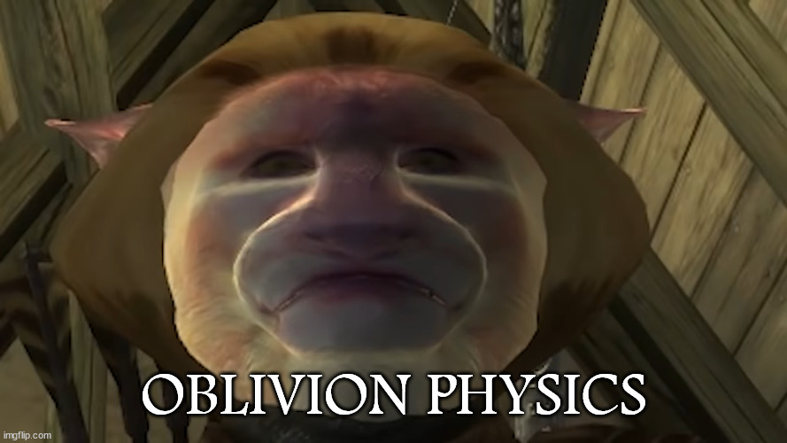 Oblivion Physics | OBLIVION PHYSICS | image tagged in autism cat where is x,autism cat,elder scrolls,oblivion,oblivion physics | made w/ Imgflip meme maker