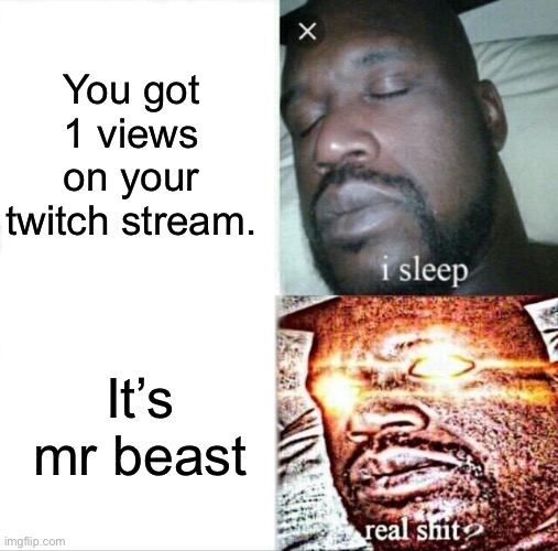 Real shit | You got 1 views on your twitch stream. It’s mr beast | image tagged in memes,sleeping shaq | made w/ Imgflip meme maker