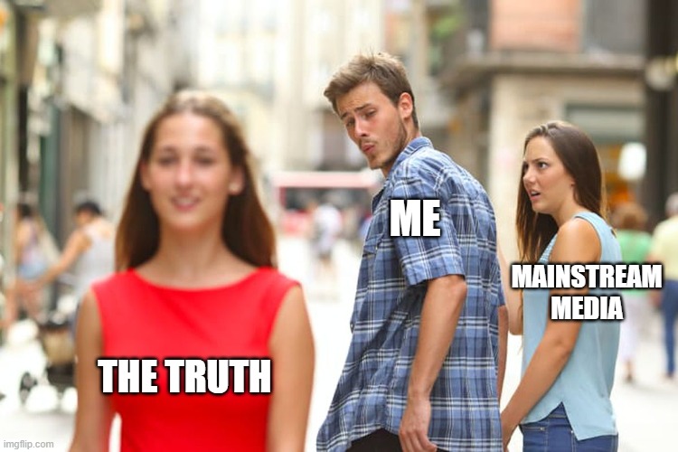 Wake Up | ME; MAINSTREAM MEDIA; THE TRUTH | image tagged in memes,distracted boyfriend | made w/ Imgflip meme maker