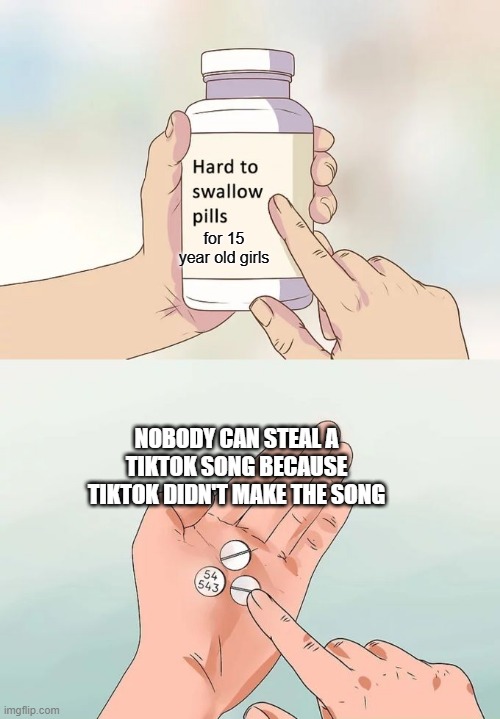 free epic cheese on a stick | for 15 year old girls; NOBODY CAN STEAL A TIKTOK SONG BECAUSE TIKTOK DIDN'T MAKE THE SONG | image tagged in memes,hard to swallow pills | made w/ Imgflip meme maker