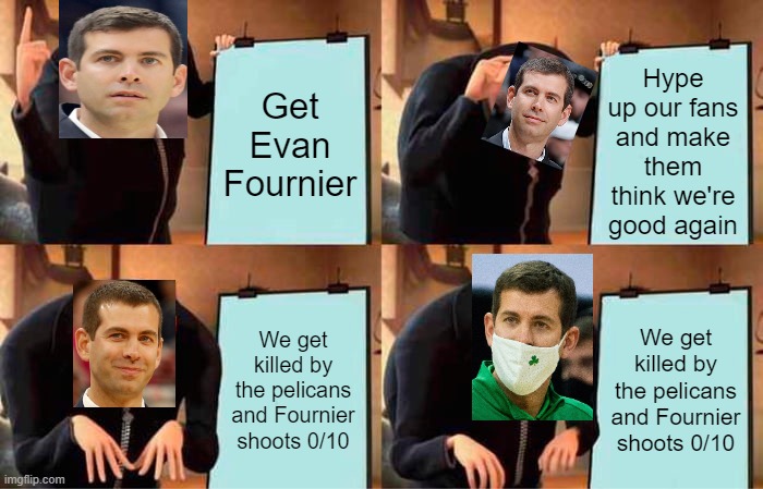 Brad Steven's Plan | Hype up our fans and make them think we're good again; Get Evan Fournier; We get killed by the pelicans and Fournier shoots 0/10; We get killed by the pelicans and Fournier shoots 0/10 | image tagged in memes,gru's plan | made w/ Imgflip meme maker