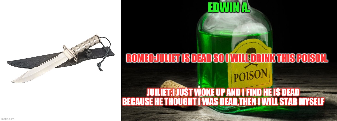 Edwin A | EDWIN A. ROMEO:JULIET IS DEAD SO I WILL DRINK THIS POISON. JUILIET:I JUST WOKE UP AND I FIND HE IS DEAD BECAUSE HE THOUGHT I WAS DEAD,THEN I WILL STAB MYSELF | image tagged in romeo and juliet | made w/ Imgflip meme maker