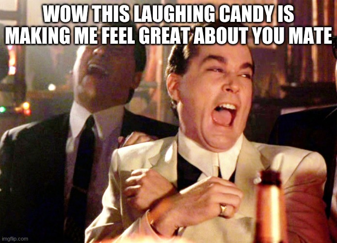 ? | WOW THIS LAUGHING CANDY IS MAKING ME FEEL GREAT ABOUT YOU MATE | image tagged in memes,good fellas hilarious | made w/ Imgflip meme maker