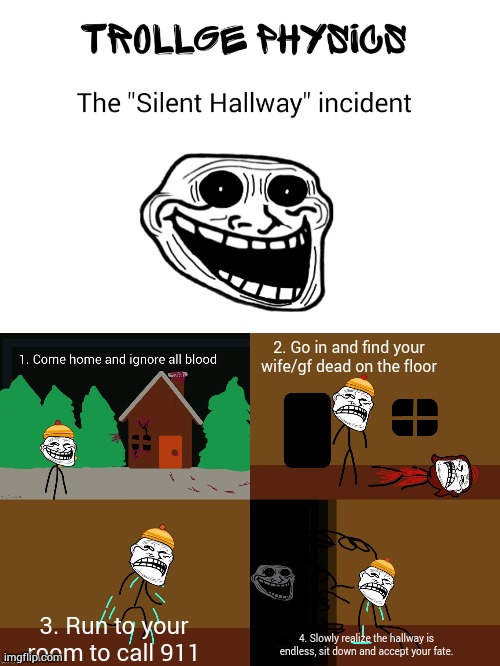 2. Go in and find your wife/gf dead on the floor; 3. Run to your room to call 911; 4. Slowly realize the hallway is endless, sit down and accept your fate. | made w/ Imgflip meme maker