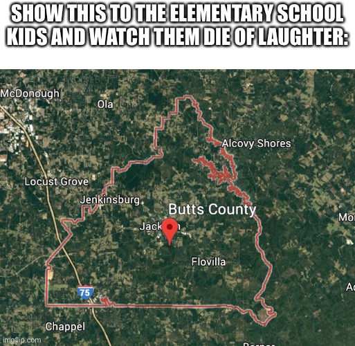 Butts county actually exists | SHOW THIS TO THE ELEMENTARY SCHOOL KIDS AND WATCH THEM DIE OF LAUGHTER: | image tagged in elementary school comedy | made w/ Imgflip meme maker