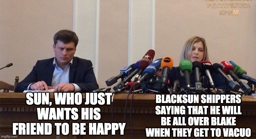 Man and woman microphone | SUN, WHO JUST WANTS HIS FRIEND TO BE HAPPY; BLACKSUN SHIPPERS SAYING THAT HE WILL BE ALL OVER BLAKE WHEN THEY GET TO VACUO | image tagged in man and woman microphone,rwby,shipping | made w/ Imgflip meme maker