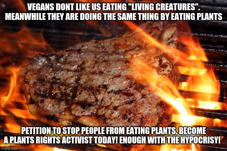 Lol | VEGANS DONT LIKE US EATING "LIVING CREATURES". MEANWHILE THEY ARE DOING THE SAME THING BY EATING PLANTS; PETITION TO STOP PEOPLE FROM EATING PLANTS. BECOME A PLANTS RIGHTS ACTIVIST TODAY! ENOUGH WITH THE HYPOCRISY! | image tagged in steak,veganism,ironic | made w/ Imgflip meme maker