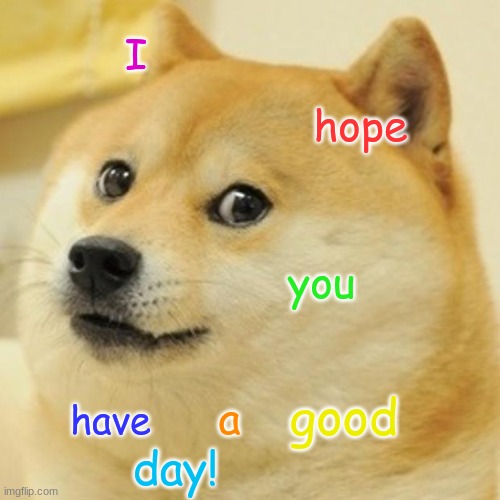 I hope you have a good day! | I; hope; you; good; a; have; day! | image tagged in memes,doge | made w/ Imgflip meme maker