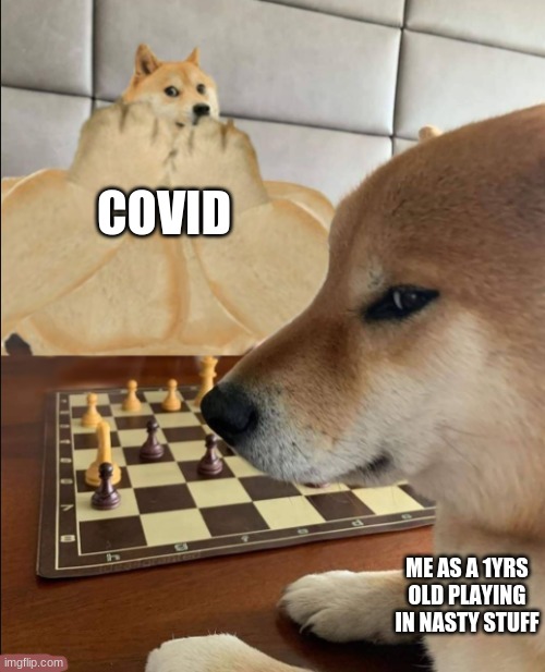Buff Doge vs Smort Cheems | COVID; ME AS A 1YRS OLD PLAYING IN NASTY STUFF | image tagged in buff doge vs smort cheems | made w/ Imgflip meme maker