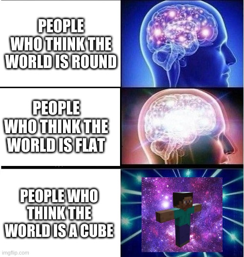 Expanding brain 3 panels | PEOPLE WHO THINK THE WORLD IS ROUND; PEOPLE WHO THINK THE WORLD IS FLAT; PEOPLE WHO THINK THE WORLD IS A CUBE | image tagged in expanding brain 3 panels | made w/ Imgflip meme maker