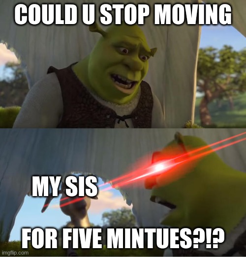 every single day | COULD U STOP MOVING; MY SIS; FOR FIVE MINTUES?!? | image tagged in shrek for five minutes | made w/ Imgflip meme maker