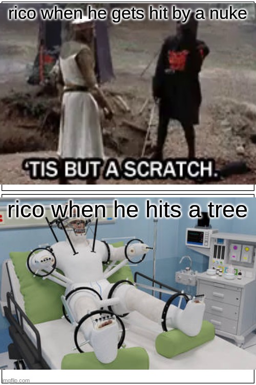 Just cause 3 meme | rico when he gets hit by a nuke; rico when he hits a tree | image tagged in memes,blank comic panel 1x2,funny,so true memes | made w/ Imgflip meme maker