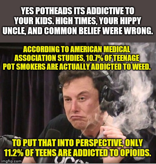 The pot genie may be out of the bottle. But that still does not mean you let your kids have it. | YES POTHEADS ITS ADDICTIVE TO YOUR KIDS. HIGH TIMES, YOUR HIPPY UNCLE, AND COMMON BELIEF WERE WRONG. ACCORDING TO AMERICAN MEDICAL ASSOCIATION STUDIES, 10.7% OF TEENAGE POT SMOKERS ARE ACTUALLY ADDICTED TO WEED. TO PUT THAT INTO PERSPECTIVE, ONLY 11.2% OF TEENS ARE ADDICTED TO OPIOIDS. | image tagged in elon musk smoking a joint,addiction,what could go wrong,space weed | made w/ Imgflip meme maker