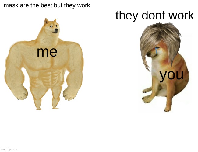 Buff Doge vs. Cheems Meme | mask are the best but they work me you they dont work | image tagged in memes,buff doge vs cheems | made w/ Imgflip meme maker