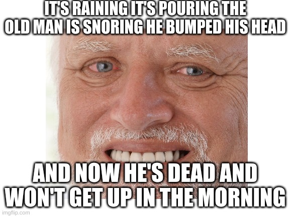 lol | IT'S RAINING IT'S POURING THE OLD MAN IS SNORING HE BUMPED HIS HEAD; AND NOW HE'S DEAD AND WON'T GET UP IN THE MORNING | image tagged in lol,funny,xd,oh wow are you actually reading these tags | made w/ Imgflip meme maker