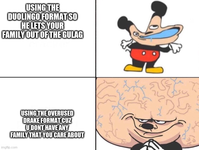 ayy its the truth tho | USING THE DUOLINGO FORMAT SO HE LETS YOUR FAMILY OUT OF THE GULAG; USING THE OVERUSED DRAKE FORMAT CUZ U DONT HAVE ANY FAMILY THAT YOU CARE ABOUT | image tagged in big brain mickey | made w/ Imgflip meme maker