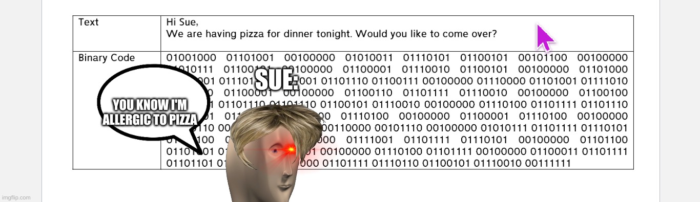 SUE IS ALLERGIC TO PIZZA | SUE:; YOU KNOW I'M ALLERGIC TO PIZZA | image tagged in pizza | made w/ Imgflip meme maker