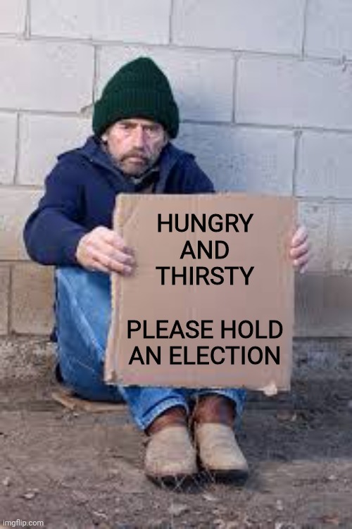 homeless sign | HUNGRY
AND
THIRSTY
 
PLEASE HOLD
AN ELECTION | image tagged in homeless sign | made w/ Imgflip meme maker