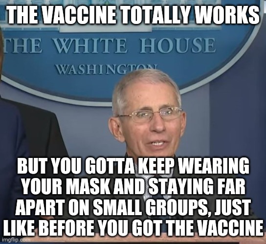 Dr Fauci | THE VACCINE TOTALLY WORKS BUT YOU GOTTA KEEP WEARING YOUR MASK AND STAYING FAR APART ON SMALL GROUPS, JUST LIKE BEFORE YOU GOT THE VACCINE | image tagged in dr fauci | made w/ Imgflip meme maker