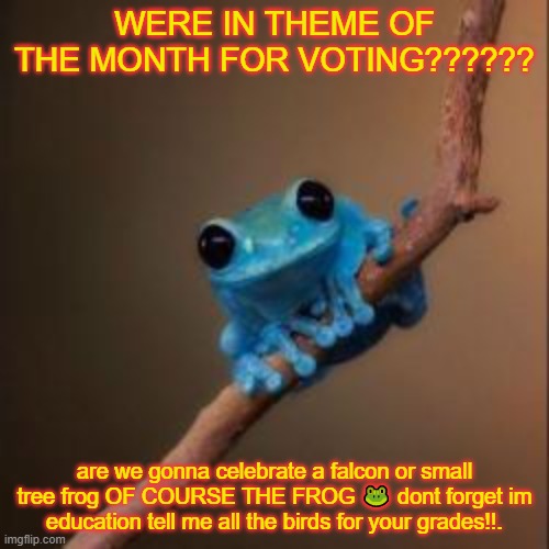 about that grade thing im joking you dont have to im just a educational person | WERE IN THEME OF THE MONTH FOR VOTING?????? are we gonna celebrate a falcon or small tree frog OF COURSE THE FROG 🐸 dont forget im education tell me all the birds for your grades!!. | image tagged in were in totm,yay,wow you read these,im bored,tell me all the birds for your grades | made w/ Imgflip meme maker
