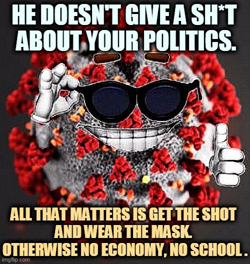 He doesn't care who you voted for. You're just a meat supply. | HE DOESN'T GIVE A SH*T 
ABOUT YOUR POLITICS. ALL THAT MATTERS IS GET THE SHOT 
AND WEAR THE MASK. 
OTHERWISE NO ECONOMY, NO SCHOOL . | image tagged in covid virus smile,pandemic,vaccination,wear a mask | made w/ Imgflip meme maker