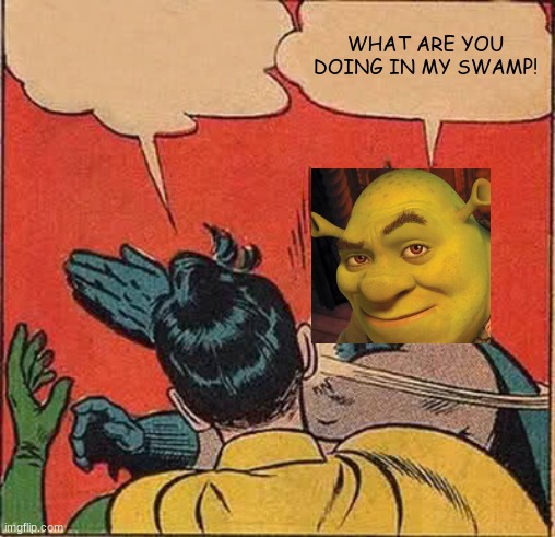 Shrek is MAD! | WHAT ARE YOU DOING IN MY SWAMP! | image tagged in memes,batman slapping robin,shrek | made w/ Imgflip meme maker