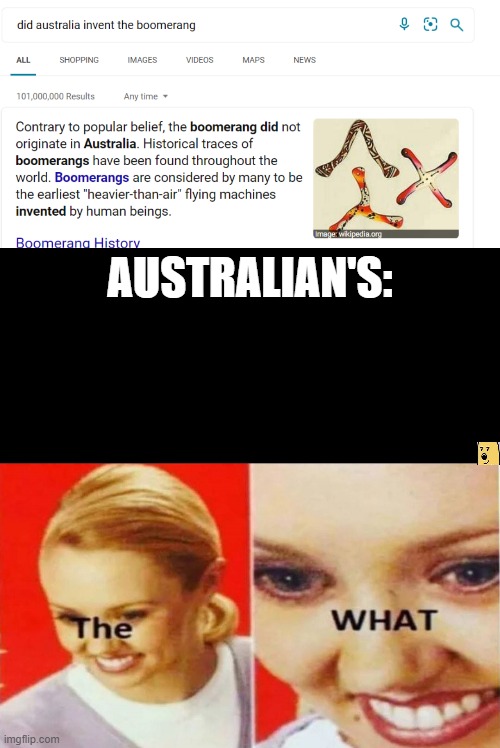 The Australians only made boomerangs popular | AUSTRALIAN'S: | image tagged in the what,australia,boomerang | made w/ Imgflip meme maker
