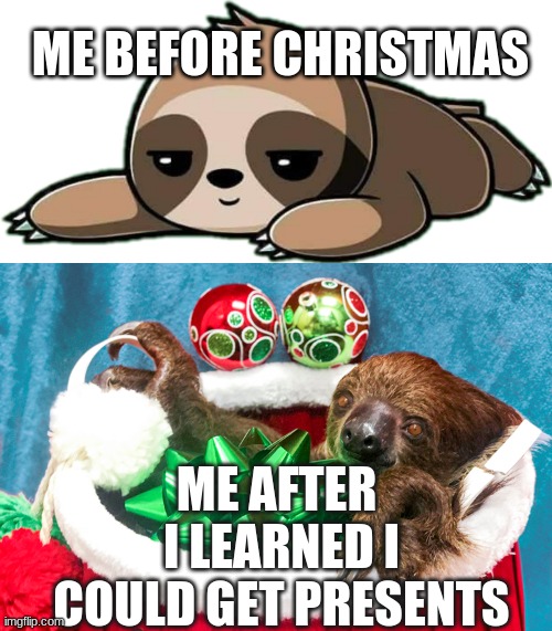 a clueless sloth | ME BEFORE CHRISTMAS; ME AFTER  I LEARNED I COULD GET PRESENTS | image tagged in confused confusing confusion | made w/ Imgflip meme maker