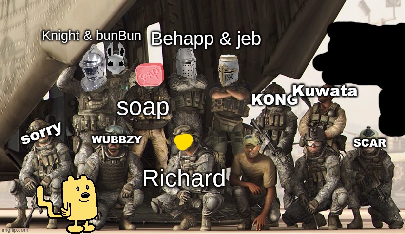 Pepole that have No Names on them are place Holders | Knight & bunBun; Behapp & jeb; soap; Richard | made w/ Imgflip meme maker