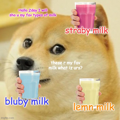 Doge Meme |  Hallo 2day I will sho u my fav types of milk; straby milk; these r my fav milk what iz urs? bluby milk; lemn milk | image tagged in memes,doge,funny | made w/ Imgflip meme maker
